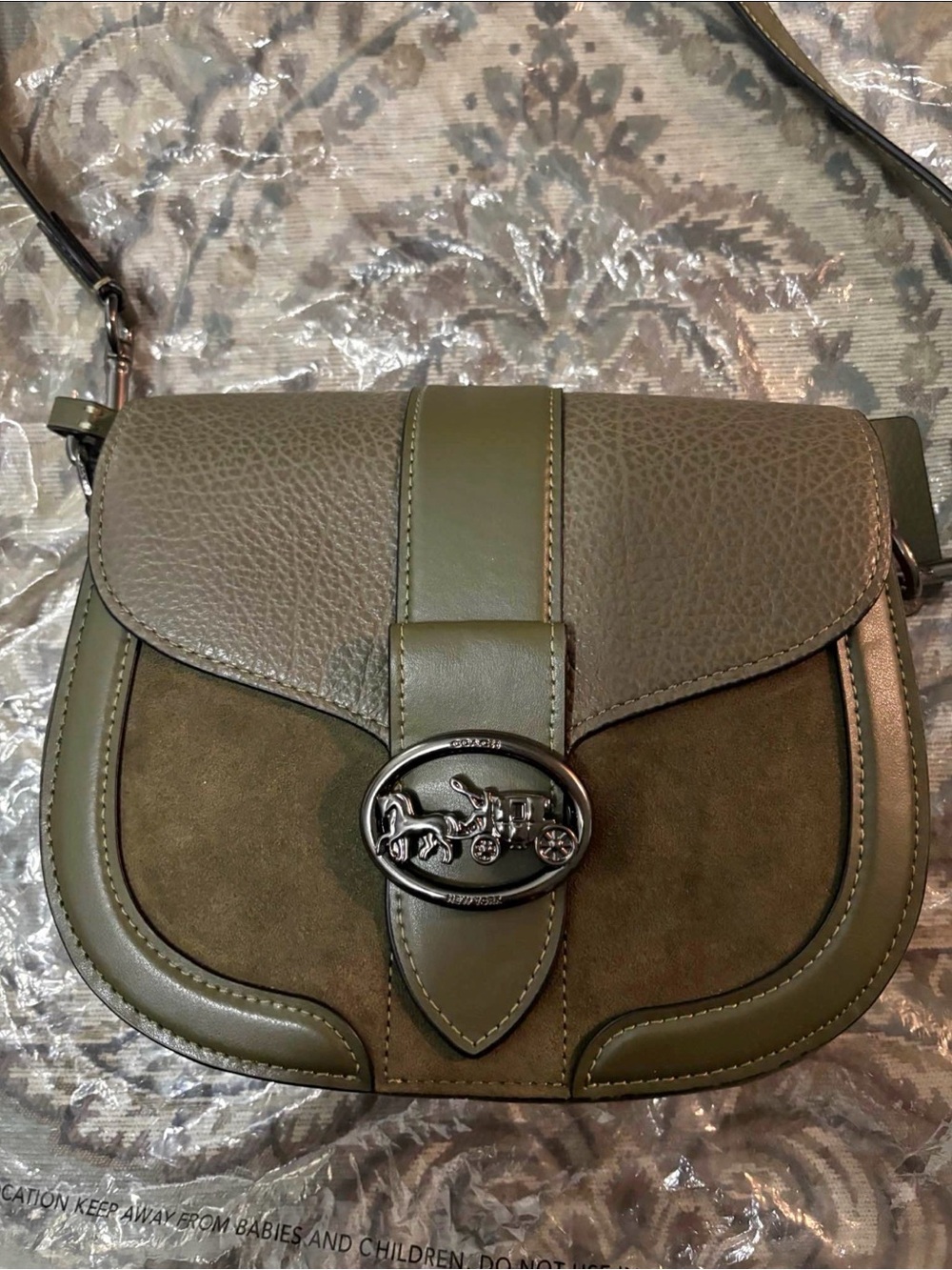 Coach Georgia Olive Leather & Suede Crossbody with Horse-and-Carriage Emblem